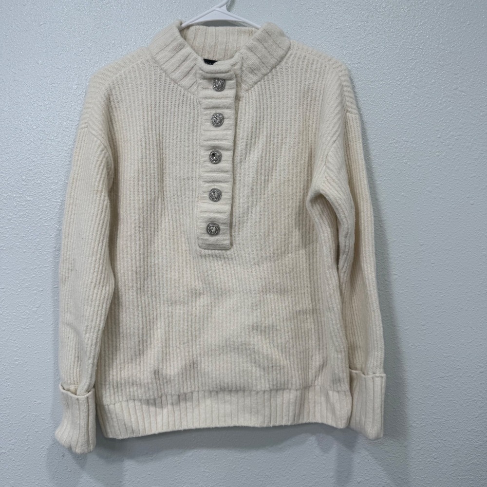 Talbots Women Cream Ribbed Knit Mock Neck Button Sweater Small VN5400